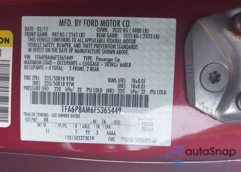 2015 Ford Mustang из США, поврежденный, VIN 1FA6P8AM6F5365449